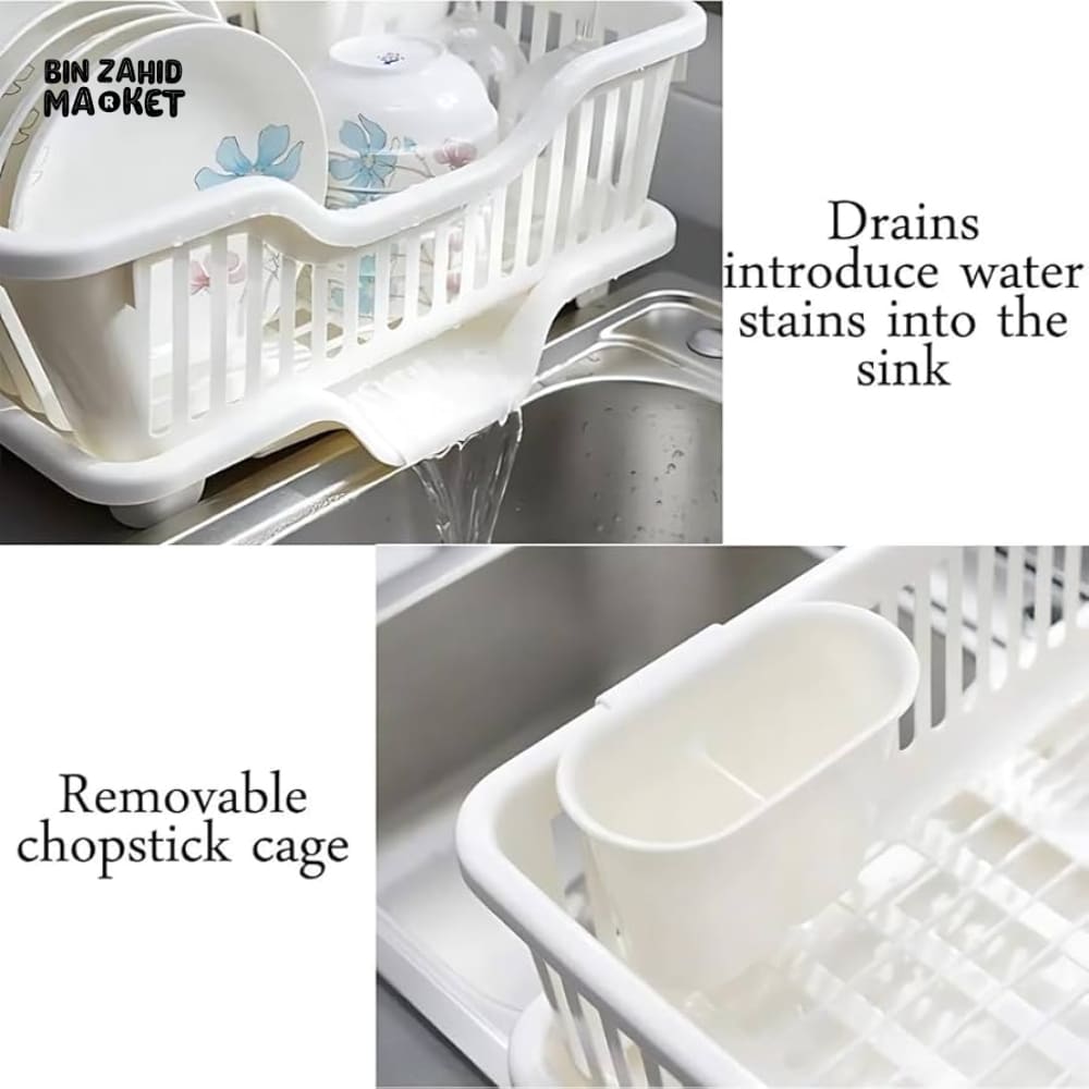 KITCHEN DISH DRYING RACK LARGE PLASTIC DRAINER WITH DRIP TRAY SPOONS & FORKS HOLDER