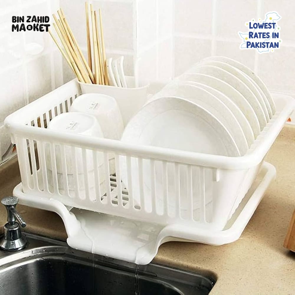 KITCHEN DISH DRYING RACK LARGE PLASTIC DRAINER WITH DRIP TRAY SPOONS & FORKS HOLDER