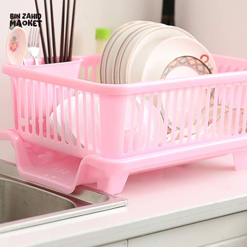 KITCHEN DISH DRYING RACK LARGE PLASTIC DRAINER WITH DRIP TRAY SPOONS & FORKS HOLDER