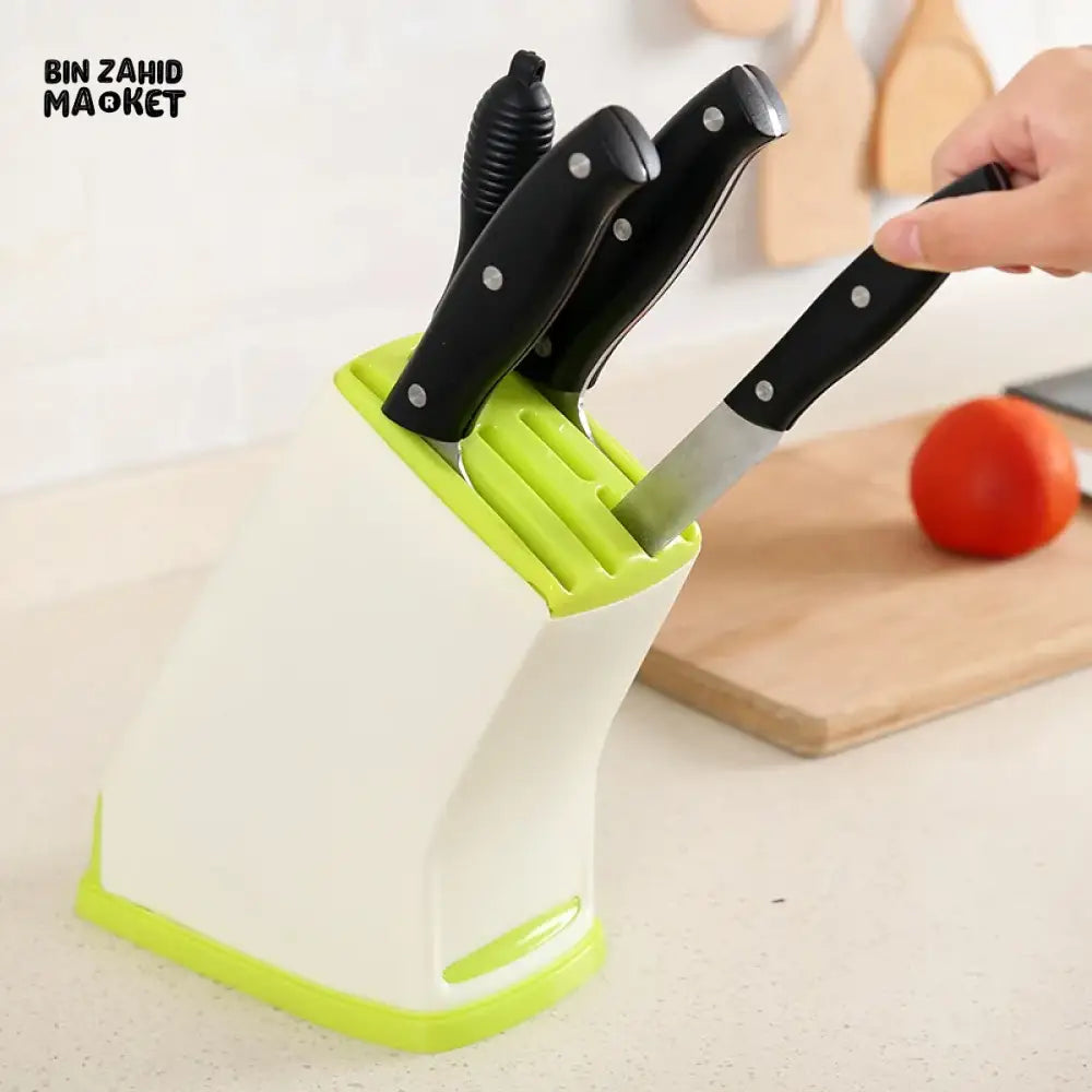 KITCHEN MULTIFUNCTIONAL KNIFE RACK – PLASTIC COUNTERTOP HOLDER WITH WATER-DRAINING BASE & CUTTER STORAGE