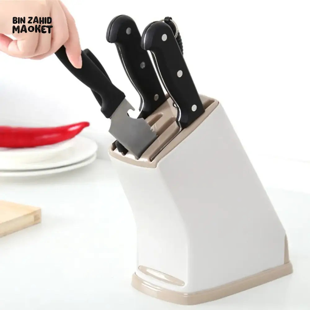 KITCHEN MULTIFUNCTIONAL KNIFE RACK – PLASTIC COUNTERTOP HOLDER WITH WATER-DRAINING BASE & CUTTER STORAGE