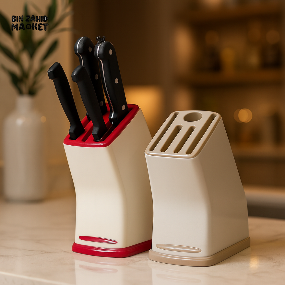 KITCHEN MULTIFUNCTIONAL KNIFE RACK – PLASTIC COUNTERTOP HOLDER WITH WATER-DRAINING BASE & CUTTER STORAGE