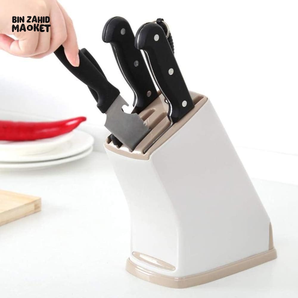 KITCHEN MULTIFUNCTIONAL KNIFE RACK – PLASTIC COUNTERTOP HOLDER WITH WATER-DRAINING BASE & CUTTER STORAGE