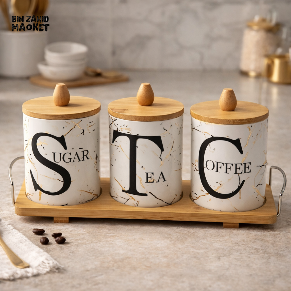 KITCHEN SEASONING JAR 3 PIECES SET – LUXURY SUGAR TEA COFFEE CANISTERS WITH BAMBOO LIDS & TRAY