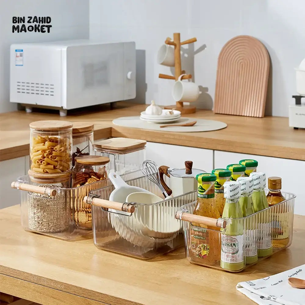 KITCHEN TABLE STORAGE BOX WITH WOODEN HANDLE – STRIPE DESIGN UTILITY ORGANIZER WITH LID & DRAWERS