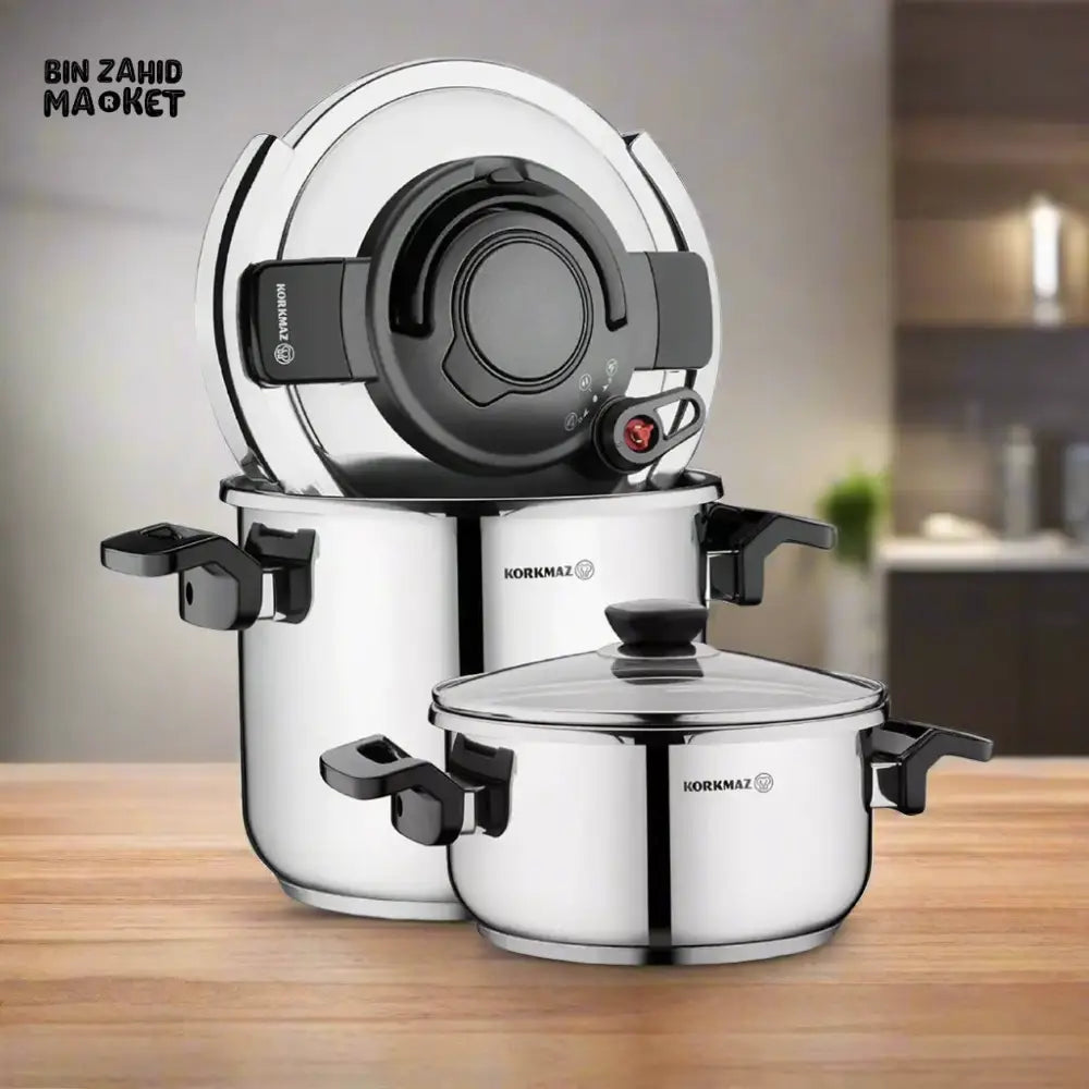 KORKMAZ ALESSA PREMIUM 4-PIECE STAINLESS STEEL PRESSURE COOKER SET DURABLE & ELEGANT COOKWARE FOR EVERYDAY COOKING