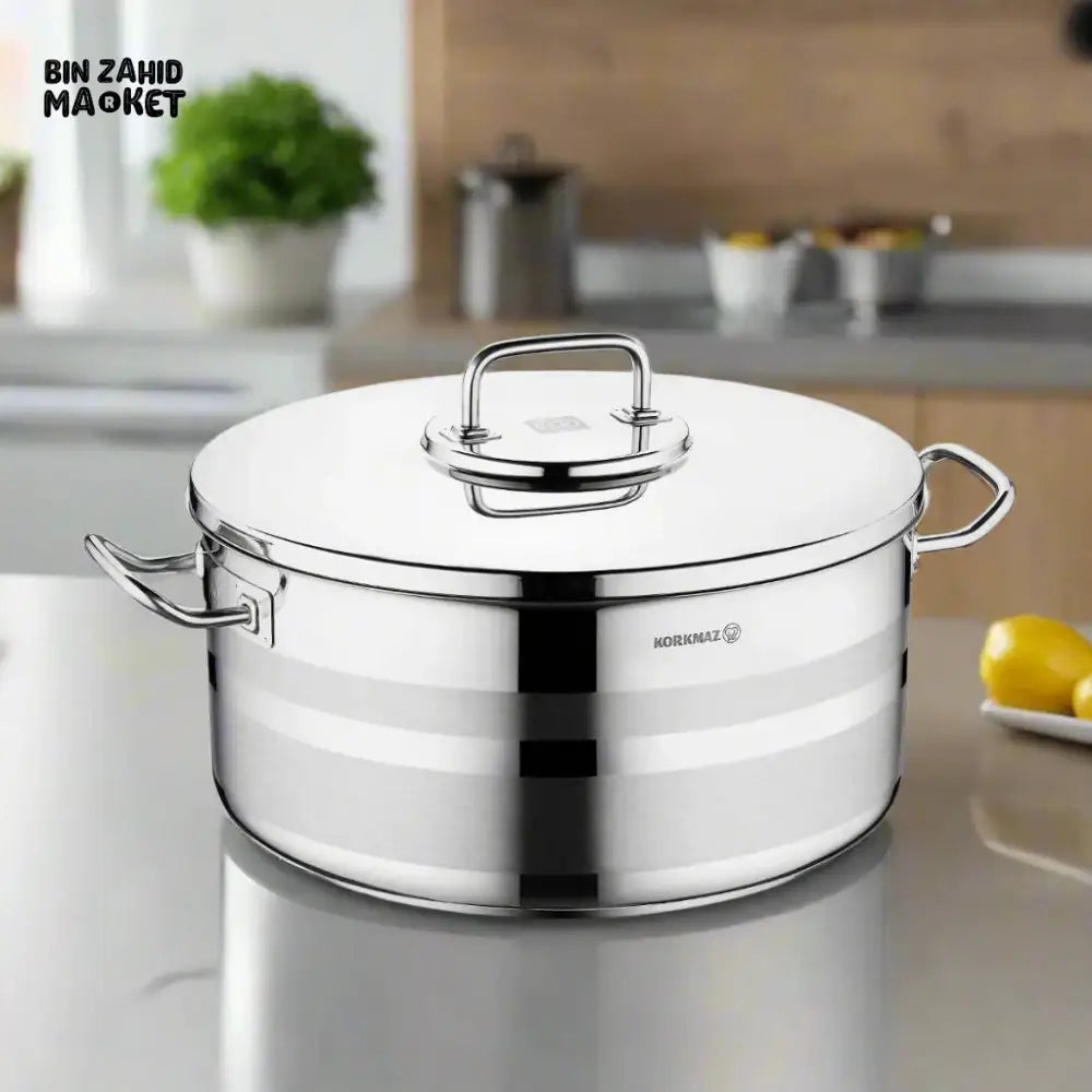 KORKMAZ ASTRA2 SHORT POT LARGE-CAPACITY STAINLESS STEEL COOKING POT SUITABLE FOR ALL HEAT SOURCES INCLUDING INDUCTION - 32X19 CM (A2029)