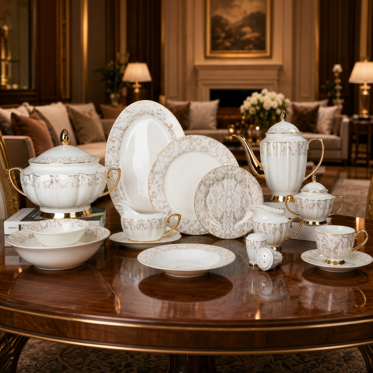 Johnson Bros Inspired Gold Dotted Trims Bone China Dinner Set