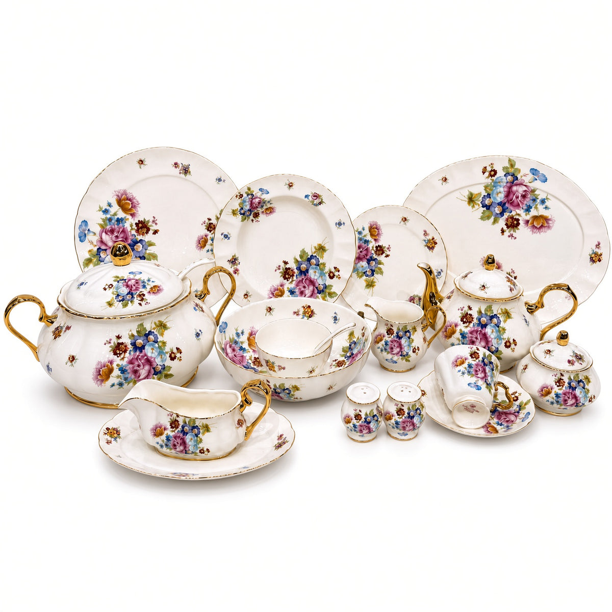 Royal Albert Inspired Multi-Coloured Floral Patterns 75 Pieces 8 Persons Serving Bone China Dinner Set