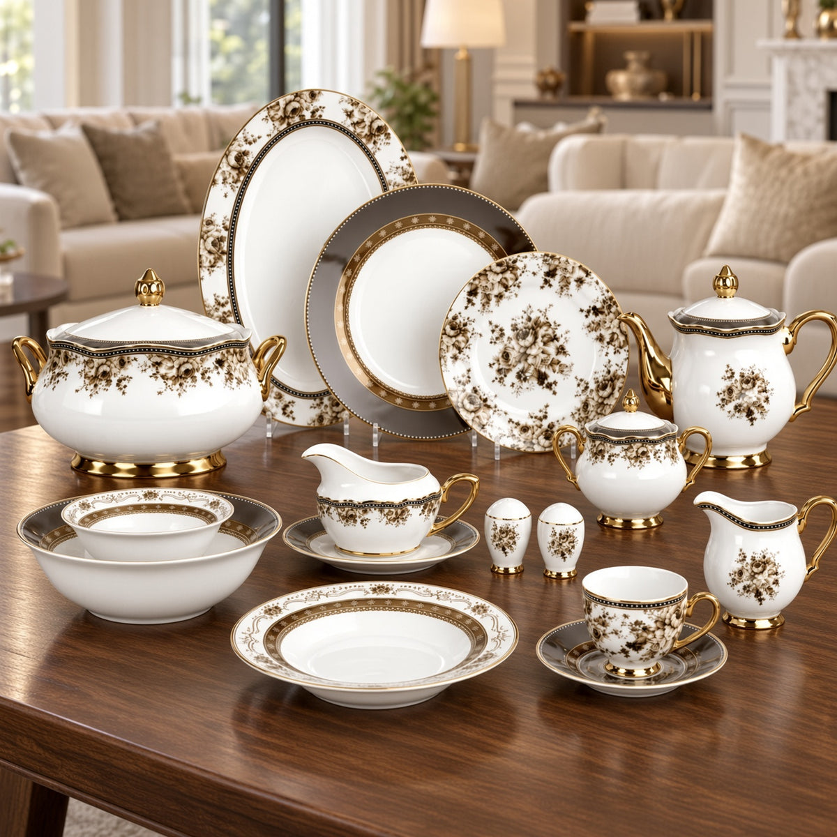 Johnson Bros Inspired Brown Floral & Gold Trims Bone China Dinner Set