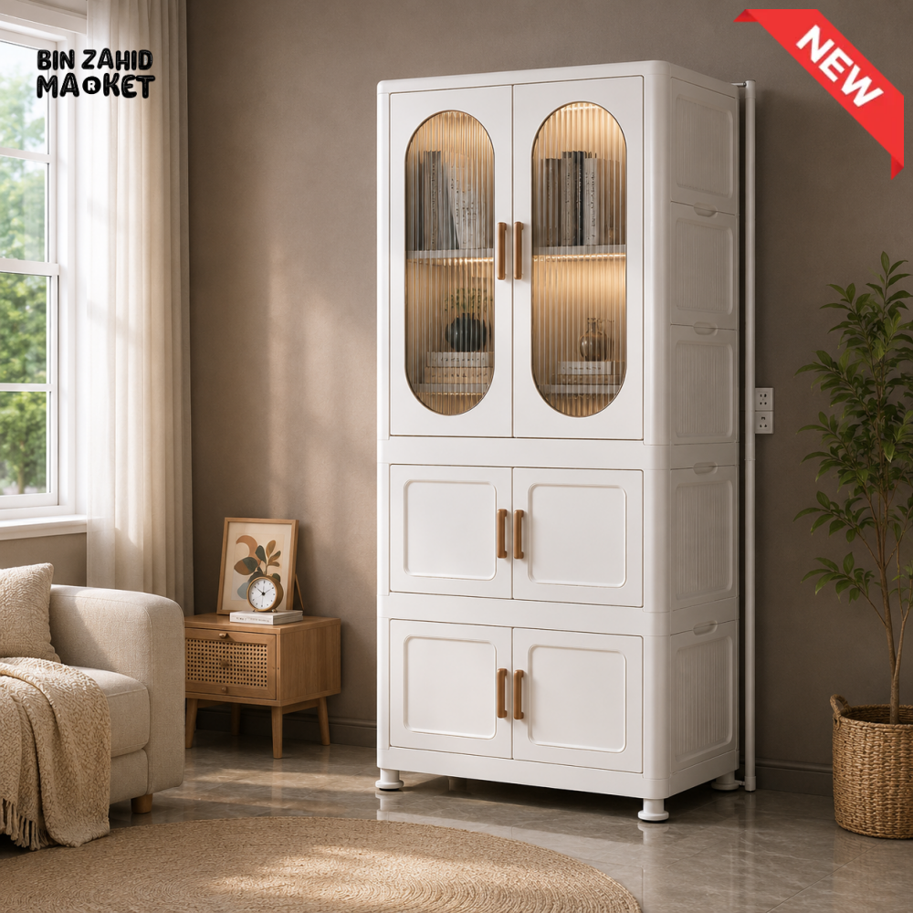 LARGE BABY STORAGE WARDROBE CABINET WITH TRANSPARENT DOORS AND MULTIPLE COMPARTMENTS