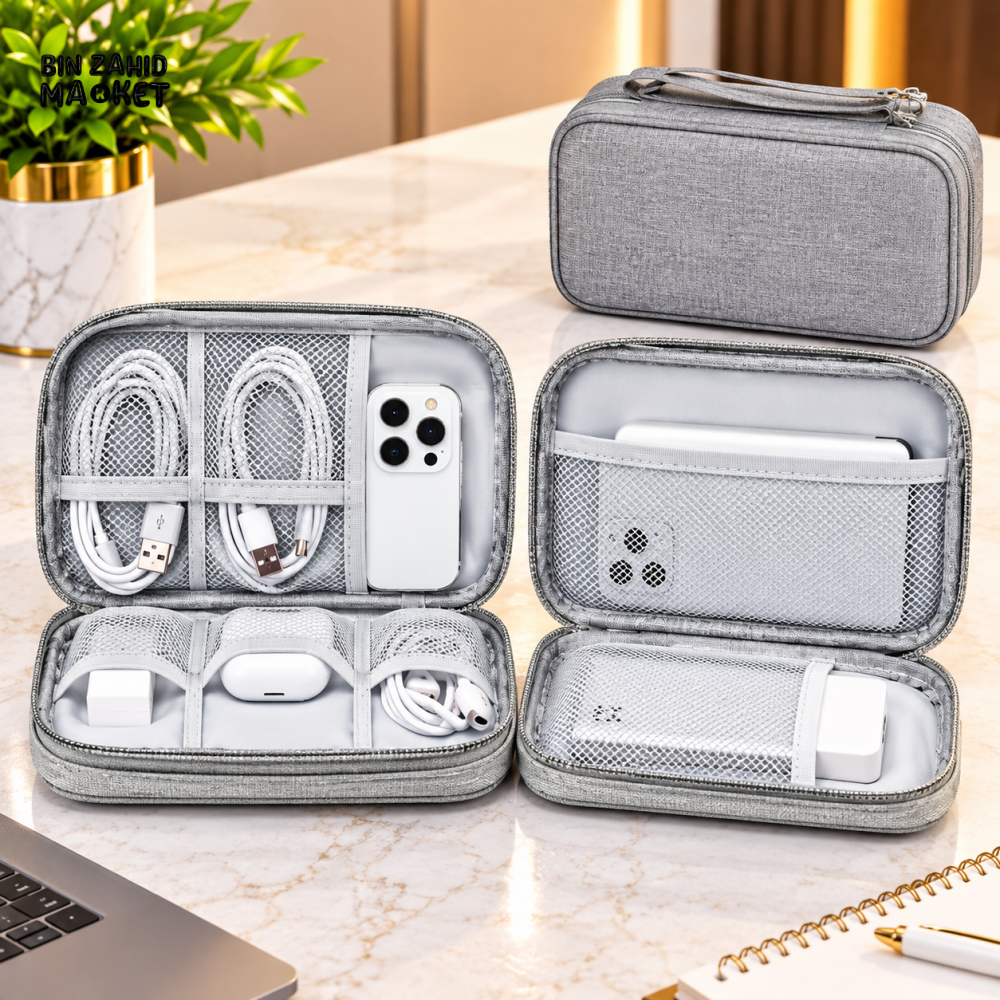 LARGE CAPACITY DOUBLE-LAYER ELECTRONICS CABLE & ACCESSORIES ORGANIZER BAG
