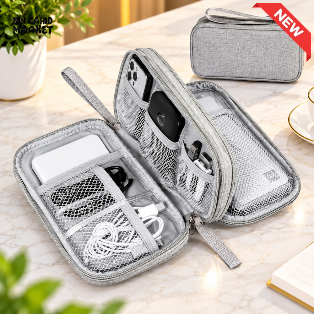 LARGE CAPACITY DOUBLE-LAYER ELECTRONICS CABLE & ACCESSORIES ORGANIZER BAG