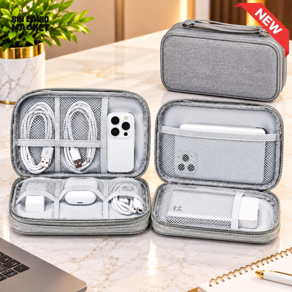 LARGE CAPACITY DOUBLE-LAYER ELECTRONICS CABLE & ACCESSORIES ORGANIZER BAG