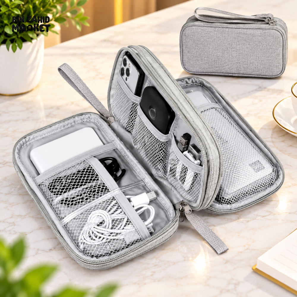 LARGE CAPACITY DOUBLE-LAYER ELECTRONICS CABLE & ACCESSORIES ORGANIZER BAG