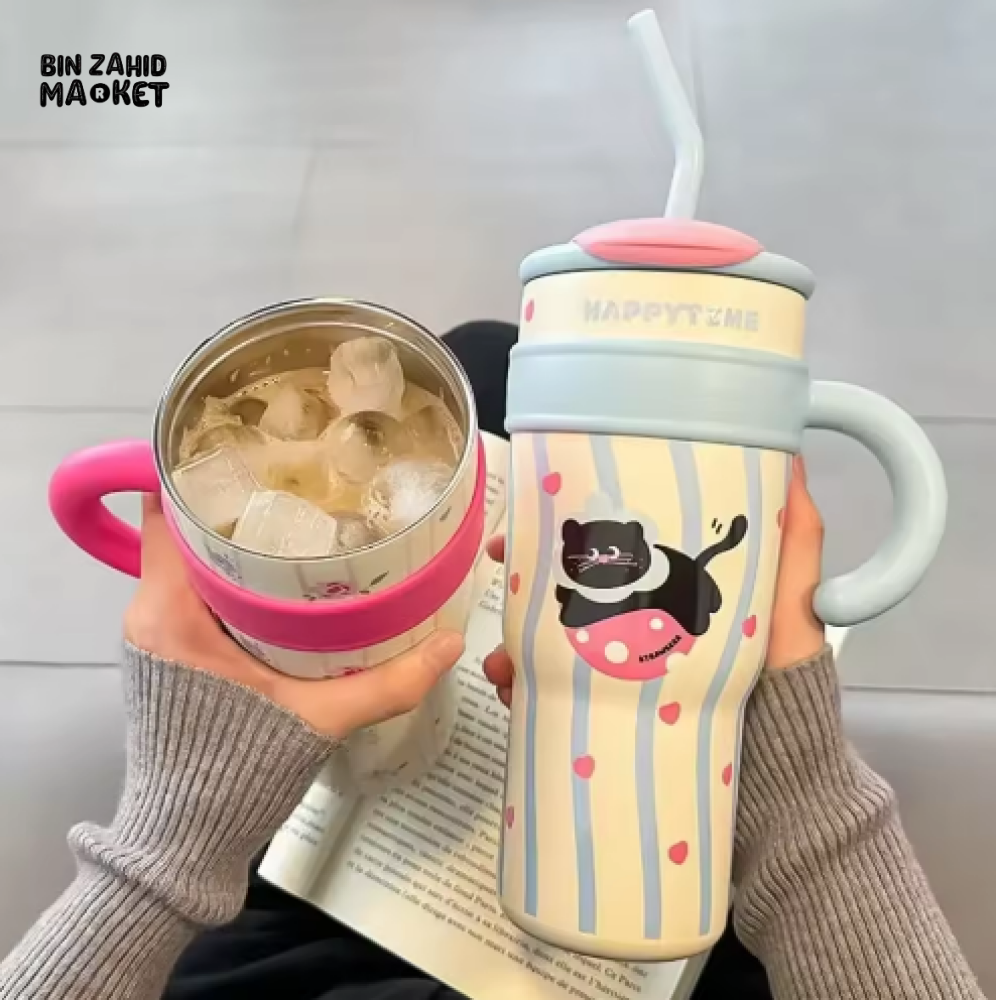 LARGE CAPACITY INSULATED WATER BOTTLE CARTOON STRAW CUP FOR GIRLS & STUDENTS