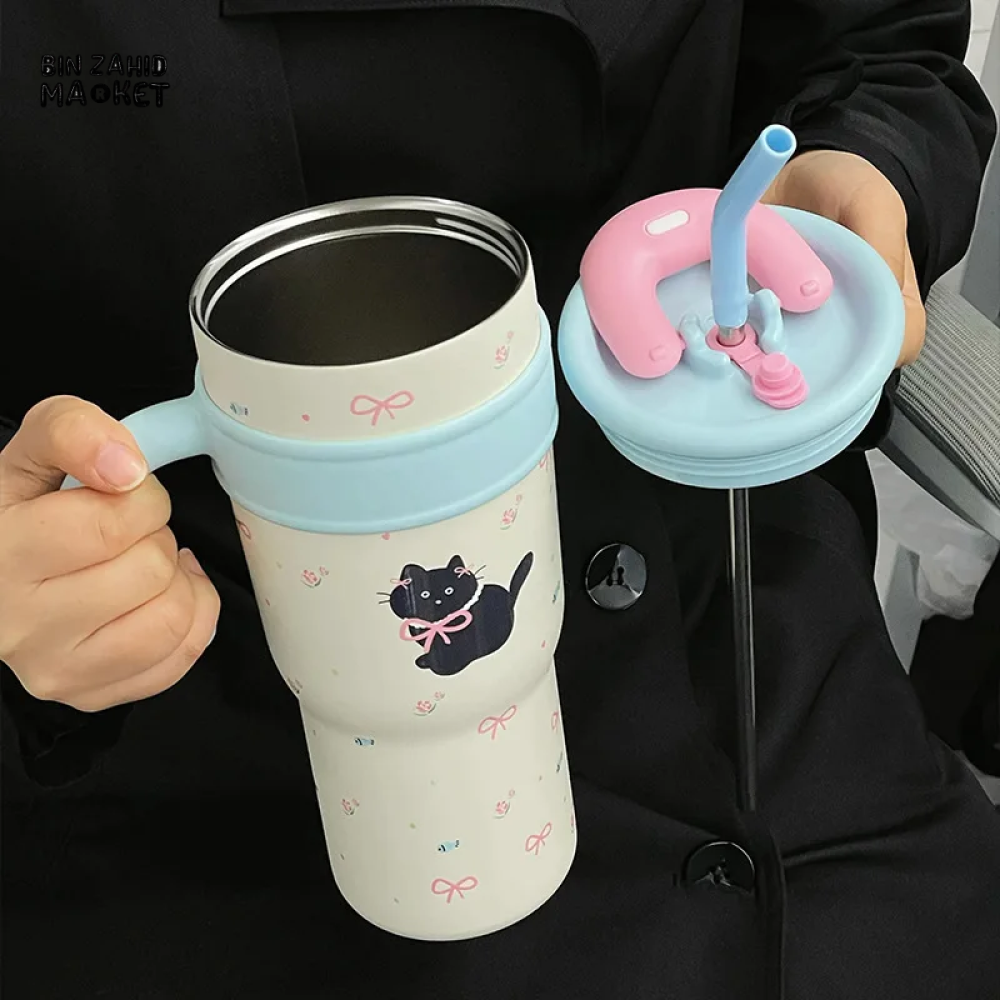 LARGE CAPACITY INSULATED WATER BOTTLE CARTOON STRAW CUP FOR GIRLS & STUDENTS