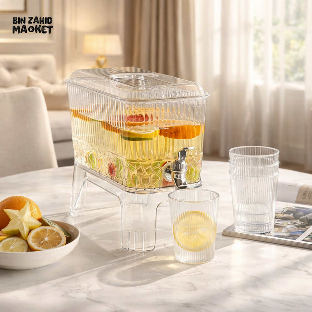LARGE CAPACITY JUICE DISPENSER WITH TAP AND 4 GLASSES REFRIGERATOR COLD DRINK CONTAINER FOR HOME & DINING TABLE USE
