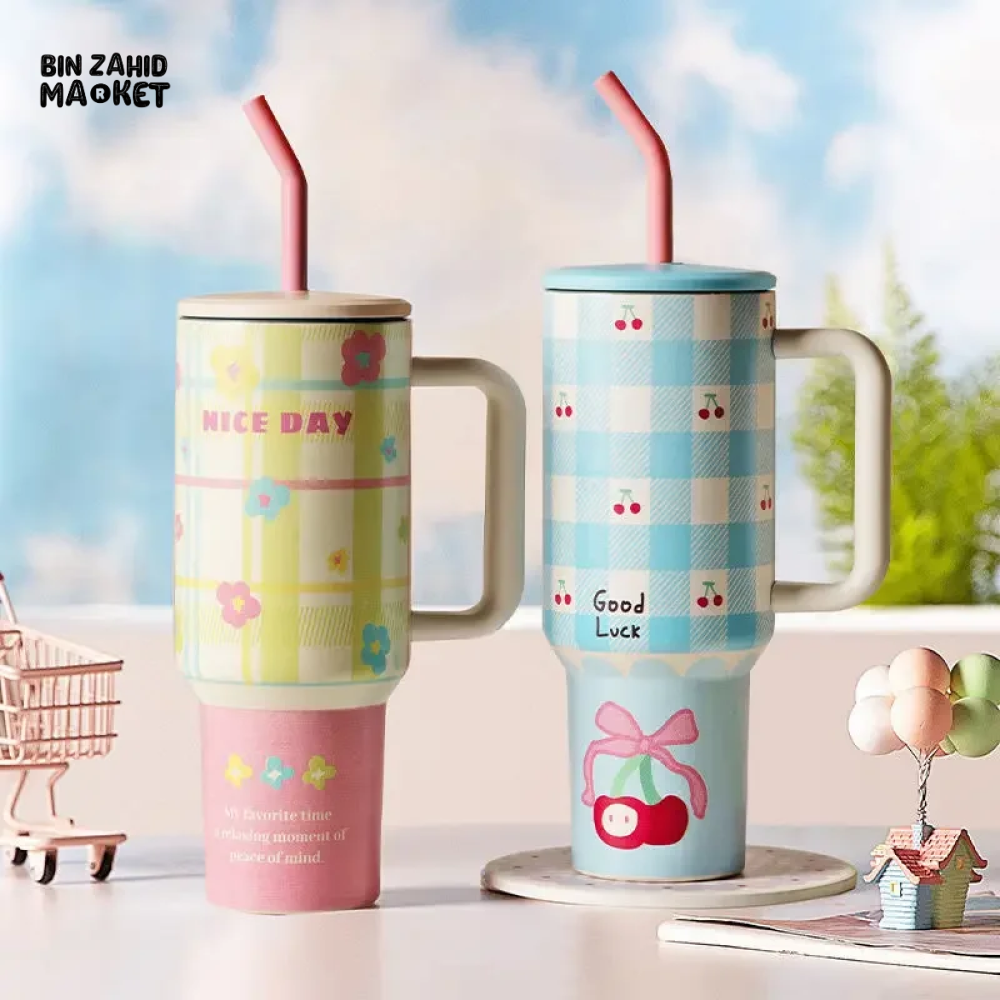 LARGE CAPACITY THERMOS STAINLESS STEEL THERMOS CUTE WITH HANDLE STRAW BEVERAGE COFFEE CUP DRINKING CUP