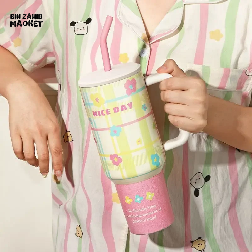 LARGE CAPACITY THERMOS STAINLESS STEEL THERMOS CUTE WITH HANDLE STRAW BEVERAGE COFFEE CUP DRINKING CUP
