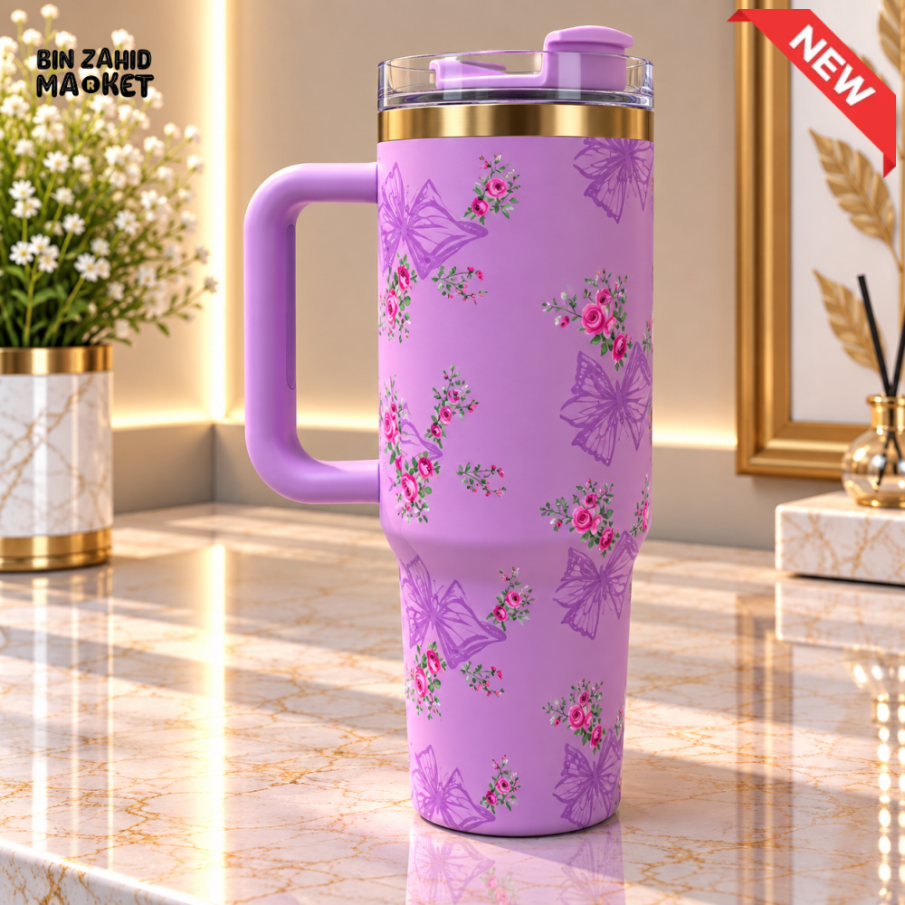 LAVENDER FLORAL BUTTERFLY STAINLESS STEEL INSULATED TRAVEL TUMBLER WITH HANDLE 40OZ