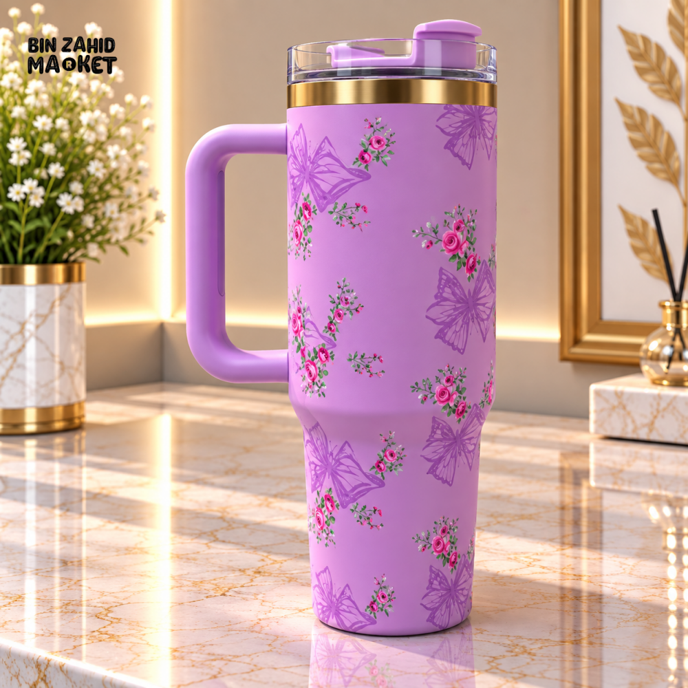 LAVENDER FLORAL BUTTERFLY STAINLESS STEEL INSULATED TRAVEL TUMBLER WITH HANDLE 40OZ