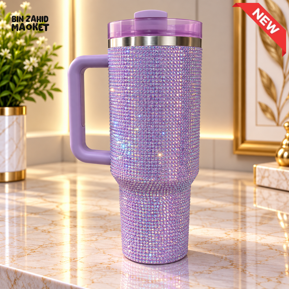 LAVENDER RHINESTONE STAINLESS STEEL INSULATED TRAVEL TUMBLER WITH HANDLE 40OZ