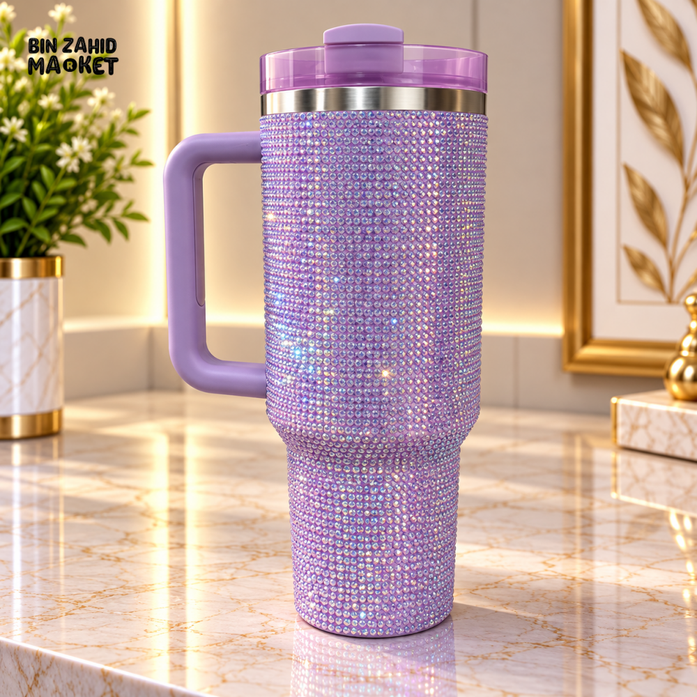 LAVENDER RHINESTONE STAINLESS STEEL INSULATED TRAVEL TUMBLER WITH HANDLE 40OZ