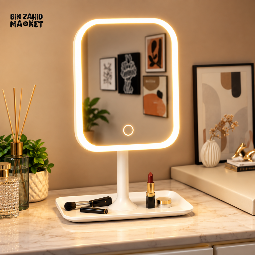 LED LIGHTED VANITY MIRROR WITH TOUCH CONTROL AND STORAGE TRAY