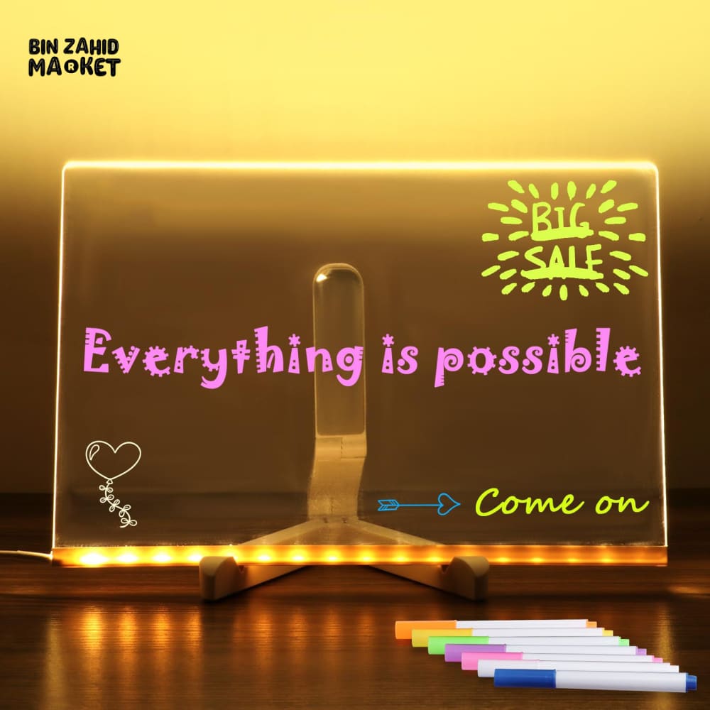 LED NOTICE BOARD WITH COLORS 20CM X 20CM – ILLUMINATED ACRYLIC MESSAGE BOARD LED DRAWING BOARD & LIGHT-UP NOTEPAD WITH ADJUSTABLE STAND