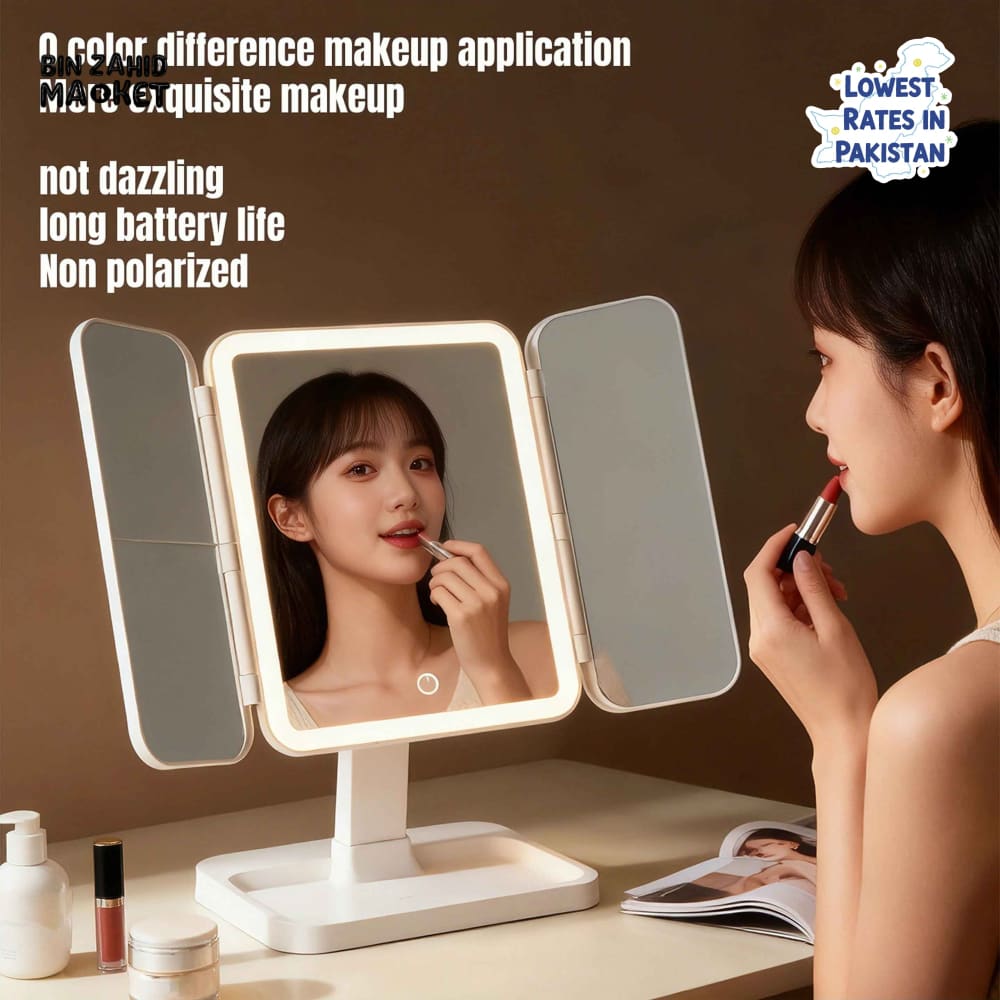 LED TRI-FOLD VANITY MAKEUP MIRROR