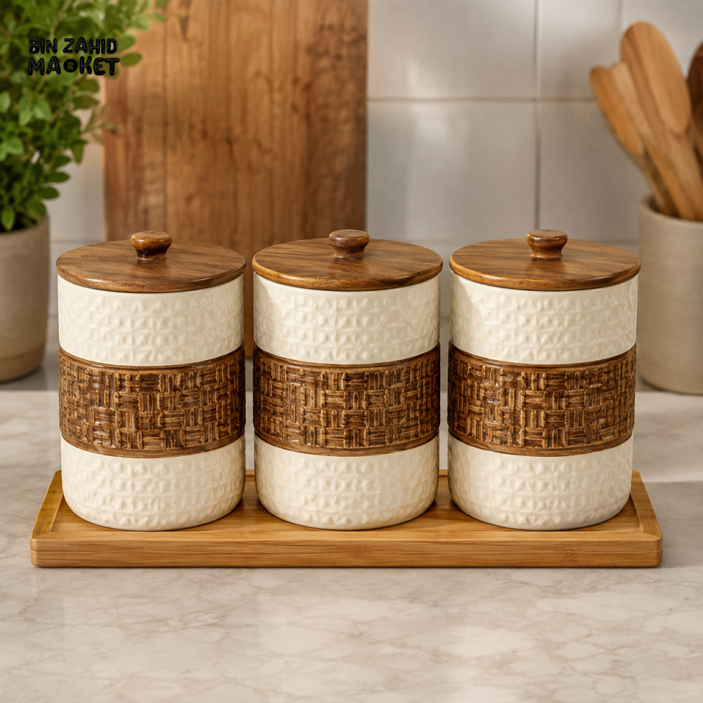 LIANQING CANISTER SET 3 PCS WITH WOODEN LIDS - Storage Jars & Canisters