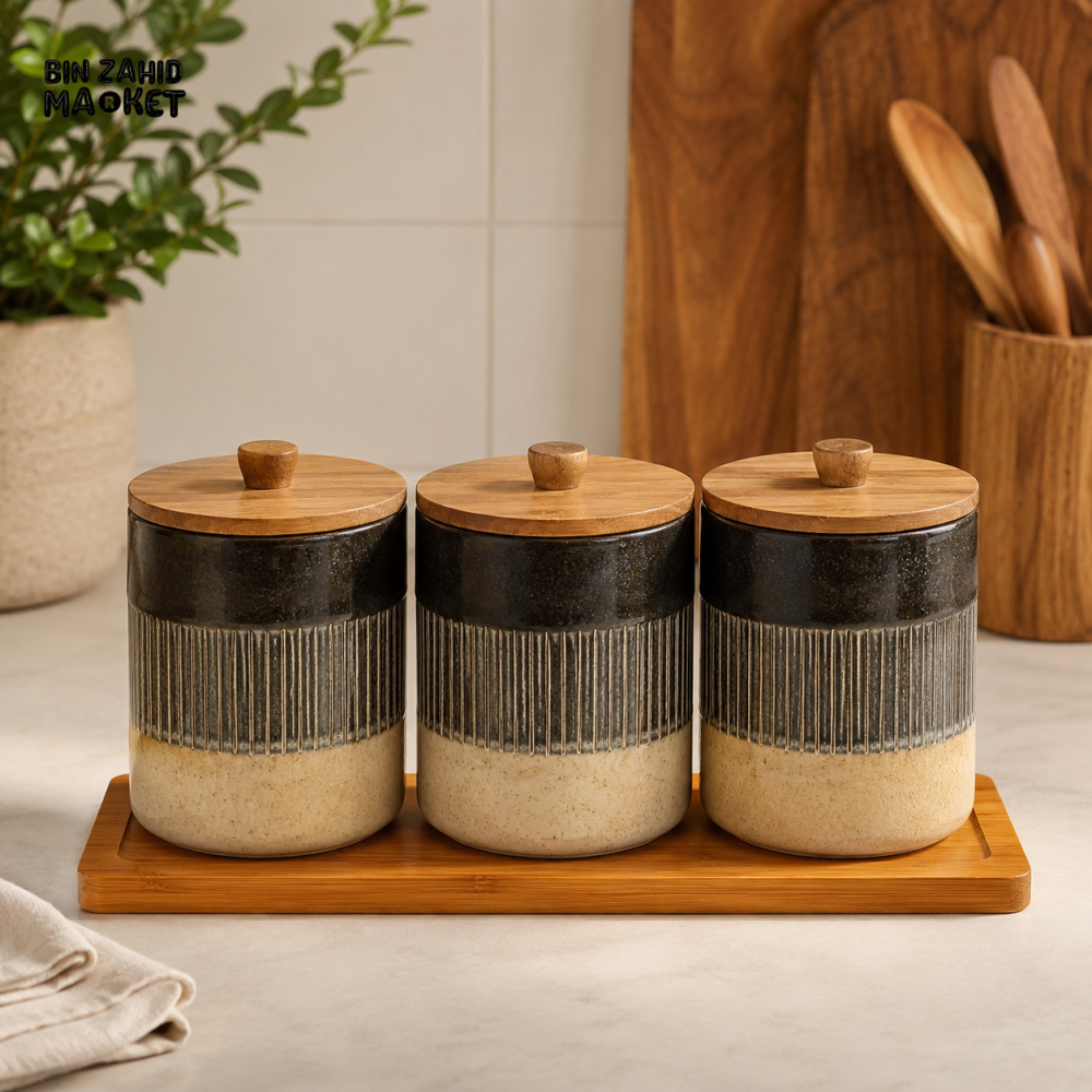 LIANQING CANISTER SET 3 PCS WITH WOODEN LIDS - Storage Jars & Canisters