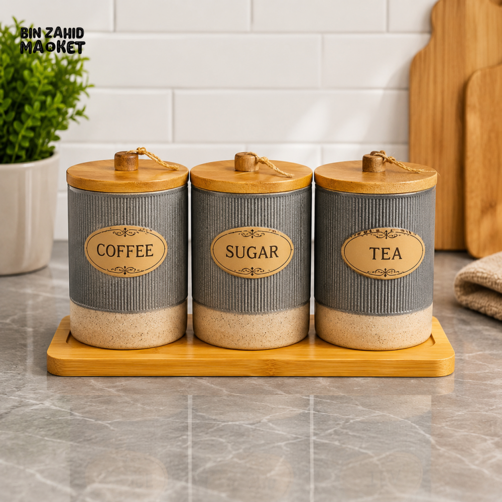 LIANQING CANISTER SET 3 PCS WITH WOODEN TRAY - Storage Jars & Canisters