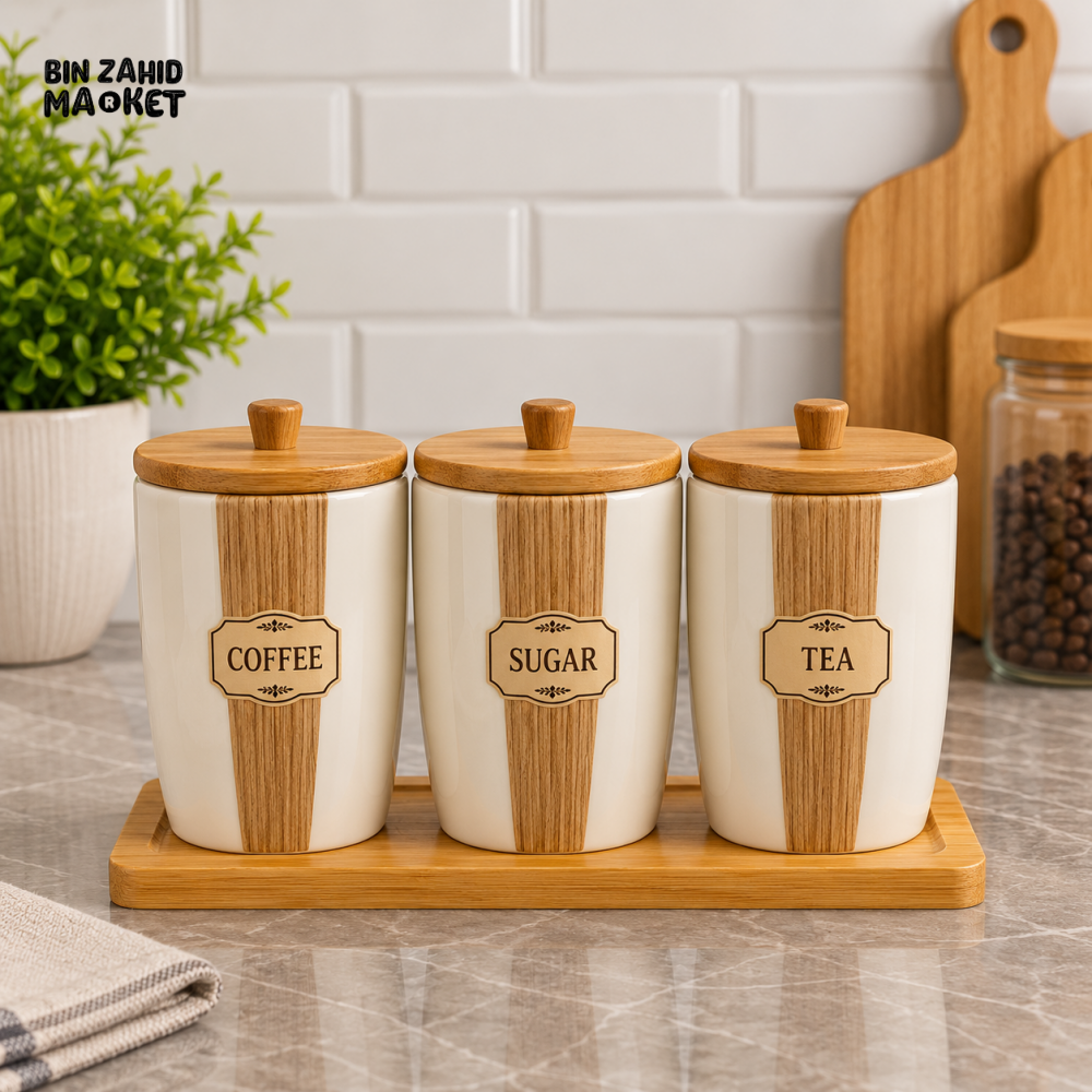 LIANQING CANISTER SET 3 PCS WITH WOODEN TRAY - Storage Jars & Canisters