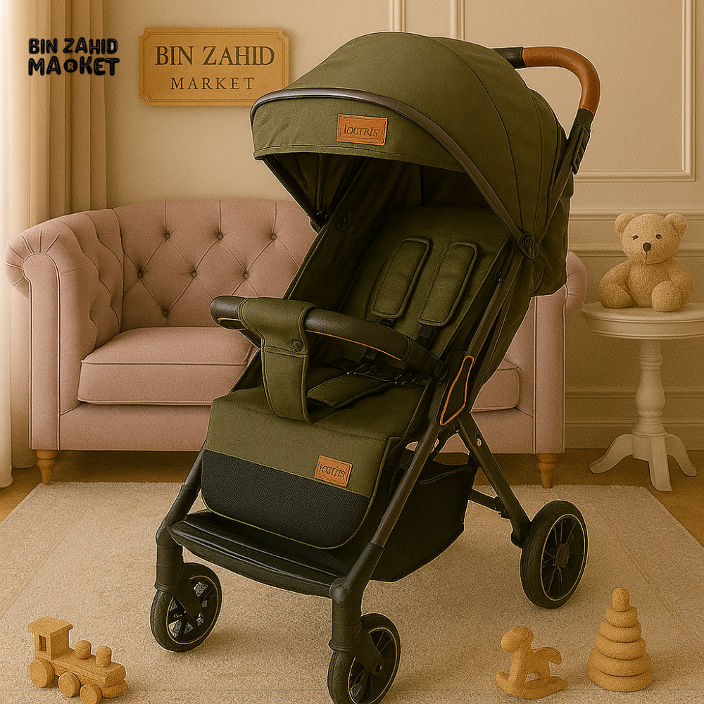 LICIOUS BABY STROLLER – LUXURY DESIGN WITH LEATHER HANDLE, COMPACT FOLD & SHOCK-ABSORBING WHEELS - ARMY GREEN