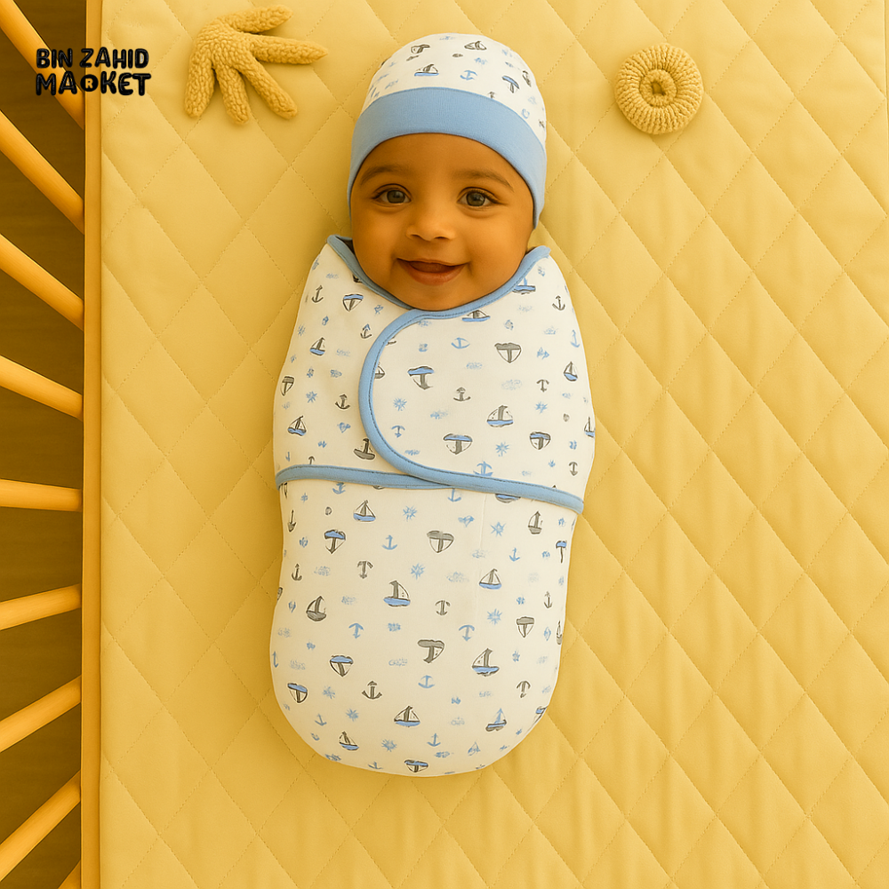 LIGHT BLUE NAUTICAL PRINT NEWBORN SWADDLE SET WITH CAP & MITTENS – SOFT COTTON BABY WRAP