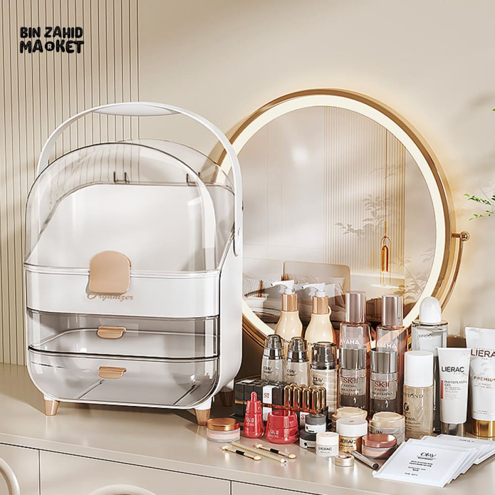 LIGHT LUXURY COSMETIC STORAGE BOX – HIGH-QUALITY DUSTPROOF PORTABLE MAKEUP & SKINCARE ORGANIZER WITH LARGE CAPACITY