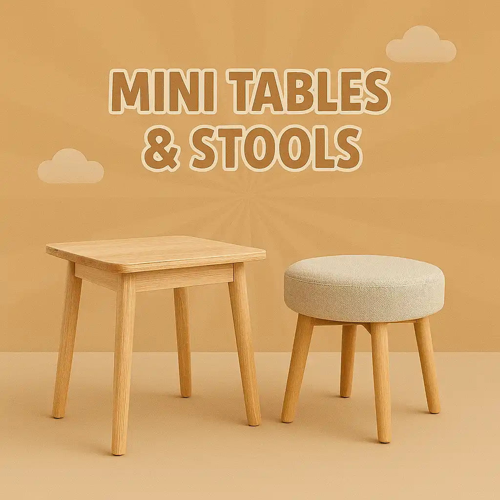 Light wood square table and round upholstered stool.