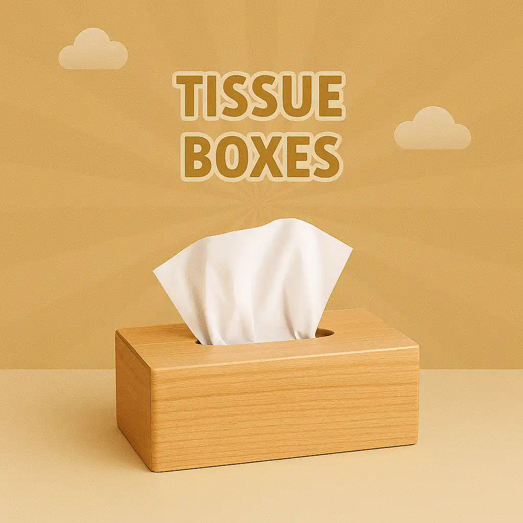 A light wooden tissue box with a white tissue emerging from the top.
