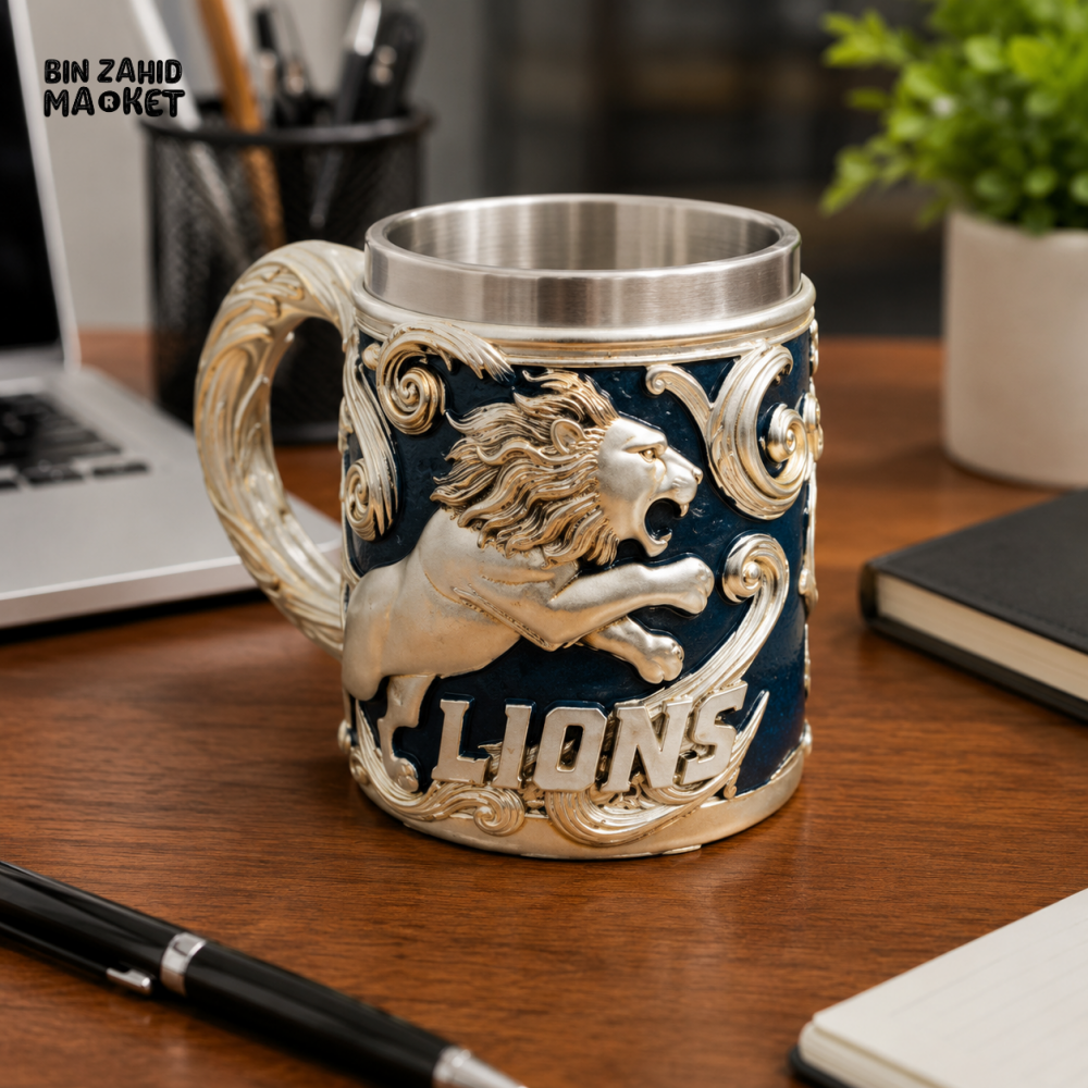 LION DESIGN STAINLESS STEEL BEER MUG - 450 ML