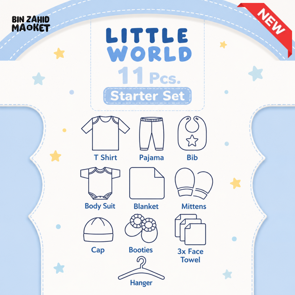 LITTLE WORLD 11 PCS NEWBORN BABY STARTER GIFT SET – PANDA EMBROIDERED DESIGN (BABY BLUE)