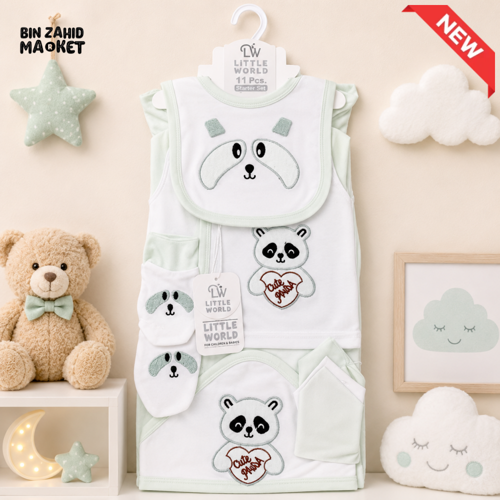 LITTLE WORLD 11 PCS NEWBORN BABY STARTER GIFT SET – PANDA EMBROIDERED DESIGN (MINT GREEN)