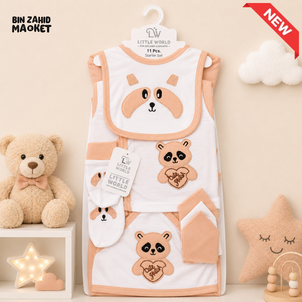 LITTLE WORLD 11 PCS NEWBORN BABY STARTER GIFT SET – PANDA EMBROIDERED DESIGN (PEACH)