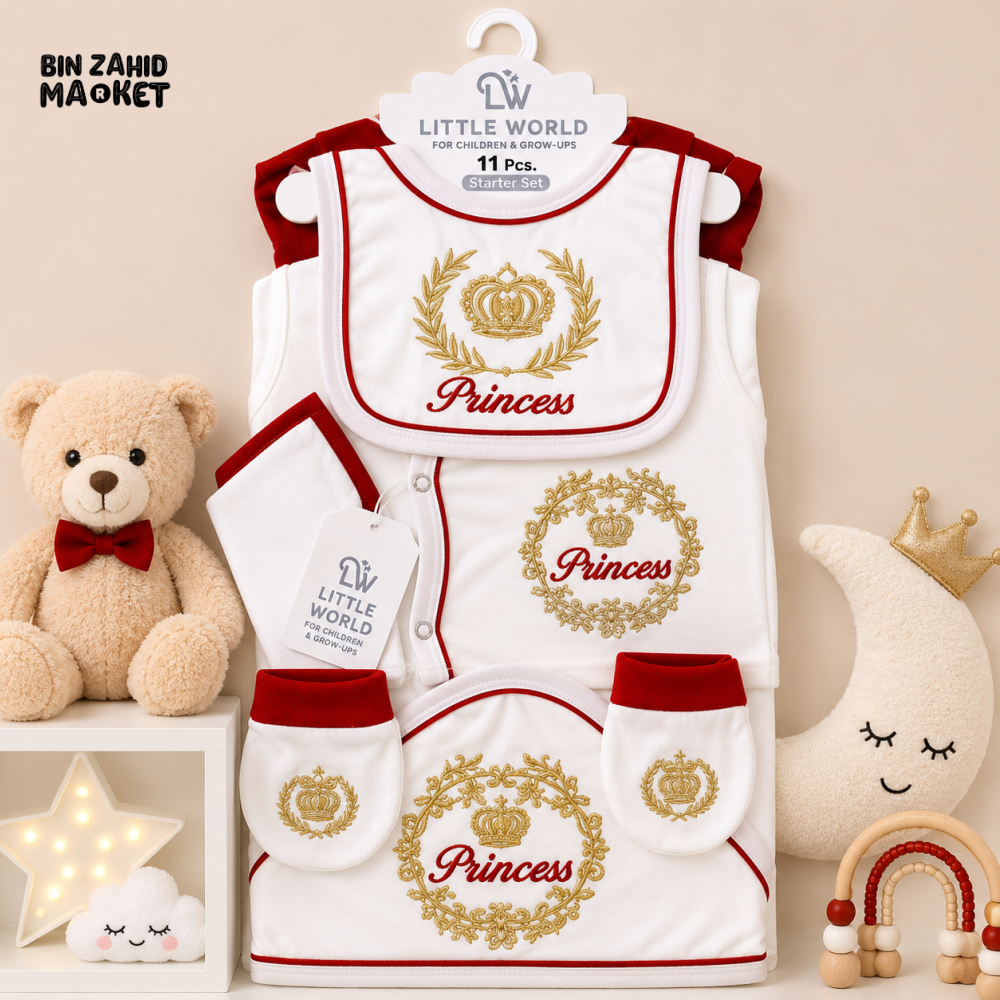 LITTLE WORLD 11 PCS NEWBORN BABY STARTER GIFT SET – PRINCESS EMBROIDERED DESIGN (RED & WHITE)