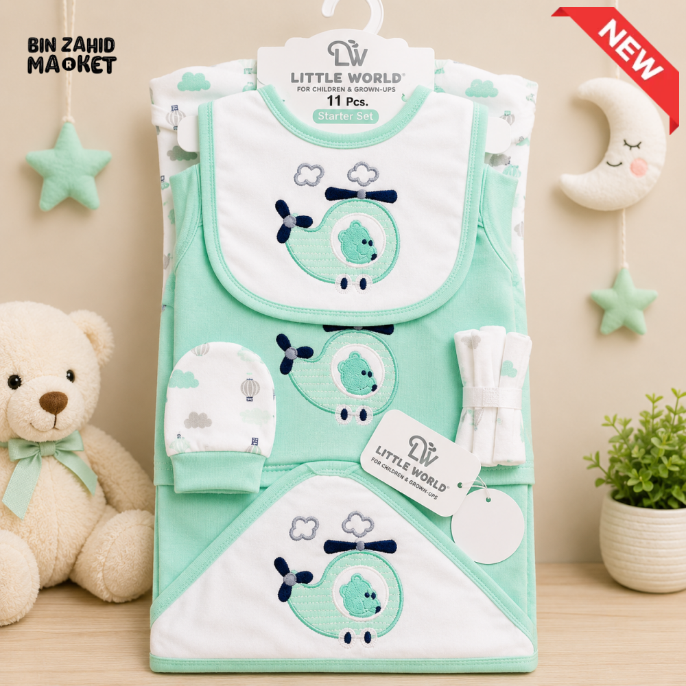 LITTLE WORLD 11 PCS STARTER SET – HELICOPTER BEAR EMBROIDERED DESIGN (MINT GREEN)