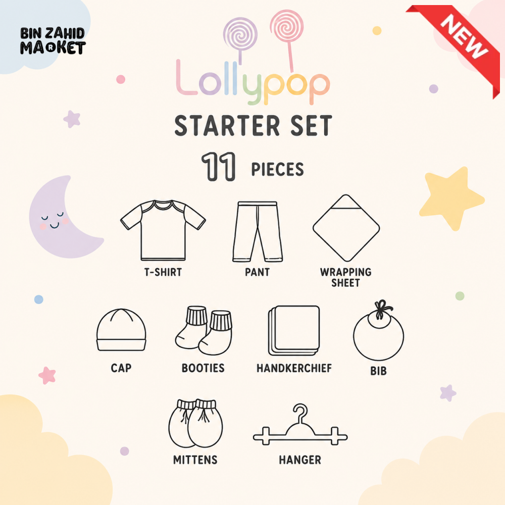 LOLYPOP 11 PCS NEWBORN BABY STARTER GIFT SET – HELLO LITTLE ONE DESIGN (WHITE)