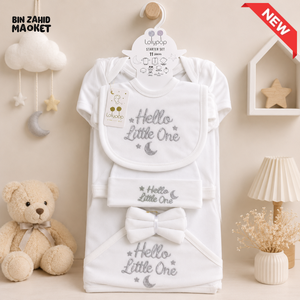 LOLYPOP 11 PCS NEWBORN BABY STARTER GIFT SET – HELLO LITTLE ONE DESIGN (WHITE)