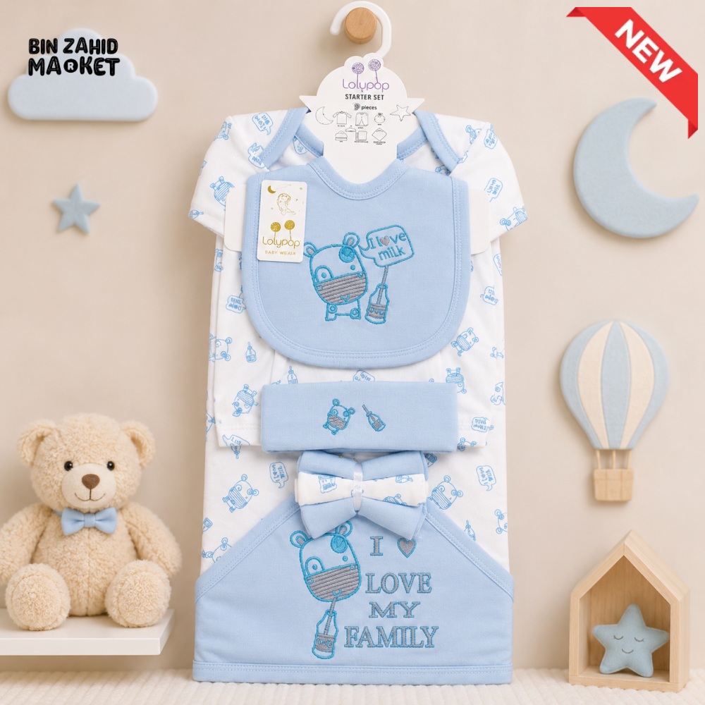 LOLYPOP 9 PCS NEWBORN BABY STARTER GIFT SET – I LOVE MY FAMILY EMBROIDERED DESIGN (BABY BLUE)
