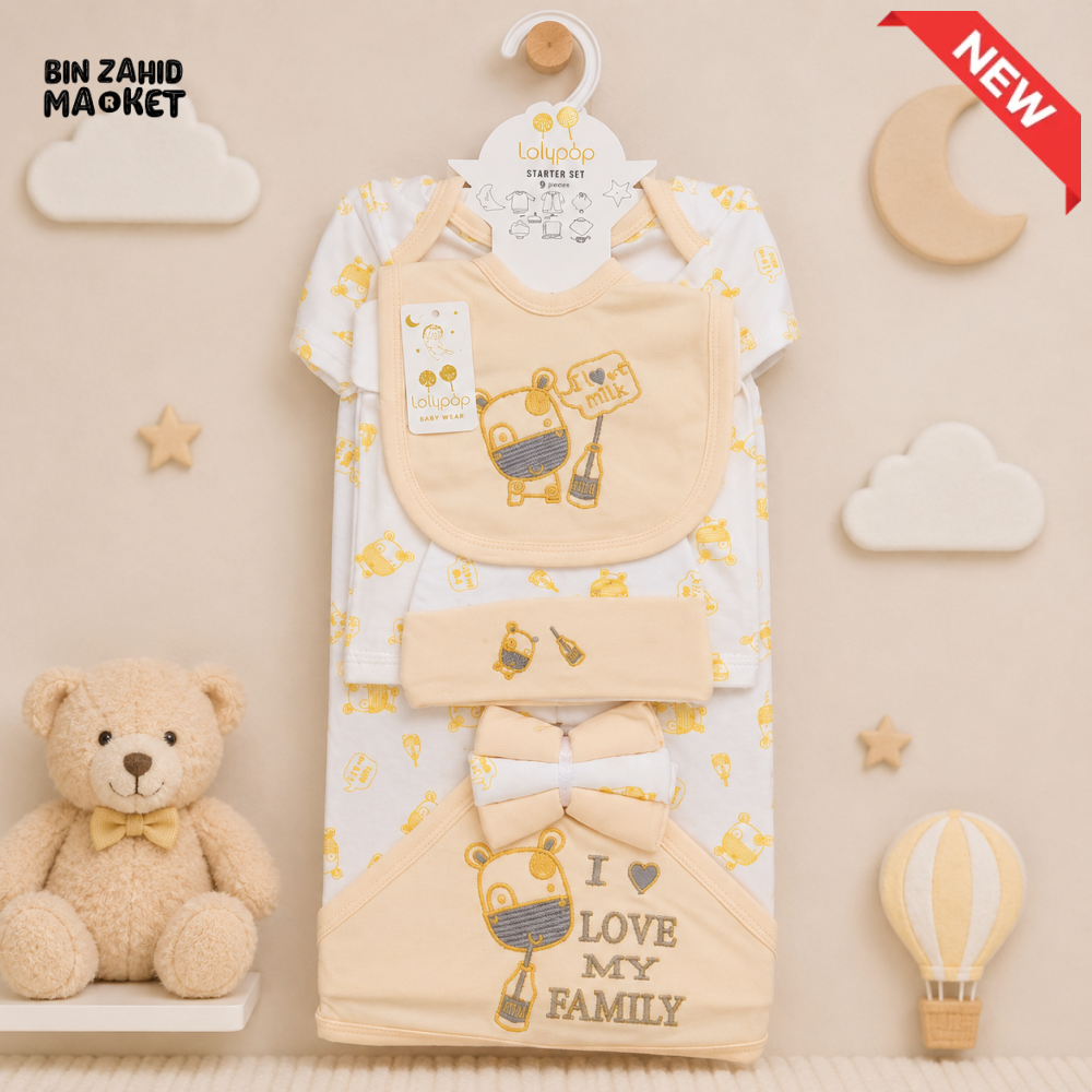 LOLYPOP 9 PCS NEWBORN BABY STARTER GIFT SET – I LOVE MY FAMILY EMBROIDERED DESIGN (CREAM YELLOW)